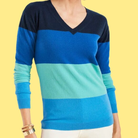 NEW | Talbots 100% Cashmere V-Neck Pullover Sweater Blue Tonal Stripes M Petite - Picture 2 of 11